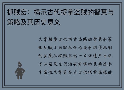 抓贼宏：揭示古代捉拿盗贼的智慧与策略及其历史意义